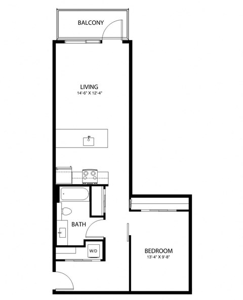 A floor plan of an apartment with a living room, bedroom, and bathroom.